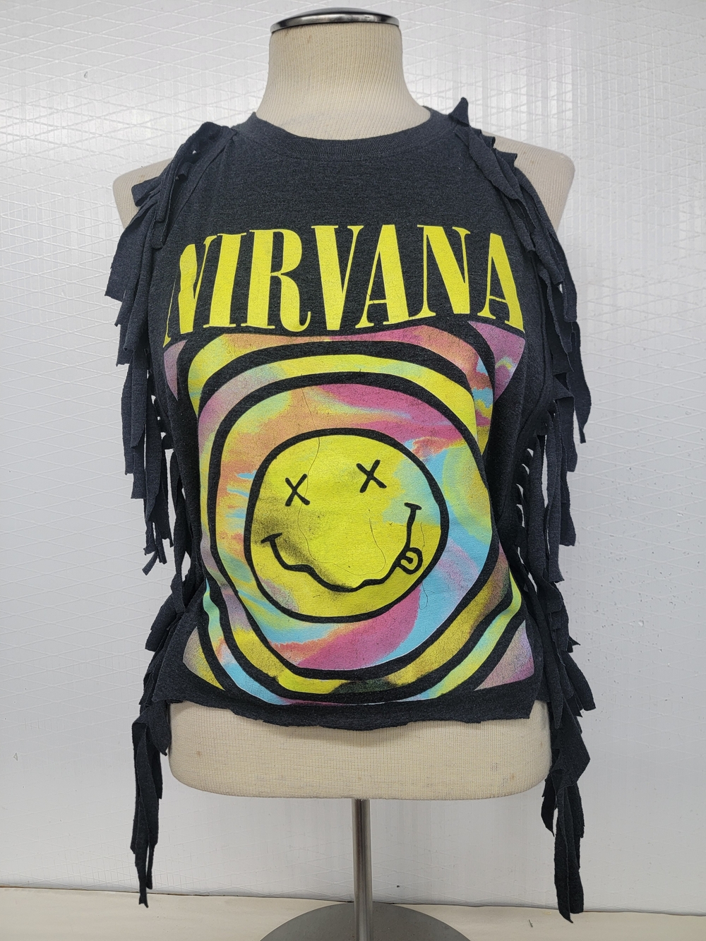 NIRVANA Black Fringe Tank - Upcycled Retro Vintage Band Merc
